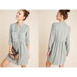 Anthropologie Cloth & Stone Mini Shirt Dress S Green Military Style Summer Beach